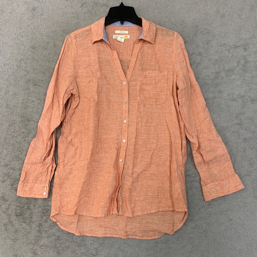 NWOT C&C California Button Up Long Sleeve Shirt Men's S Orange 100% Linen Casual